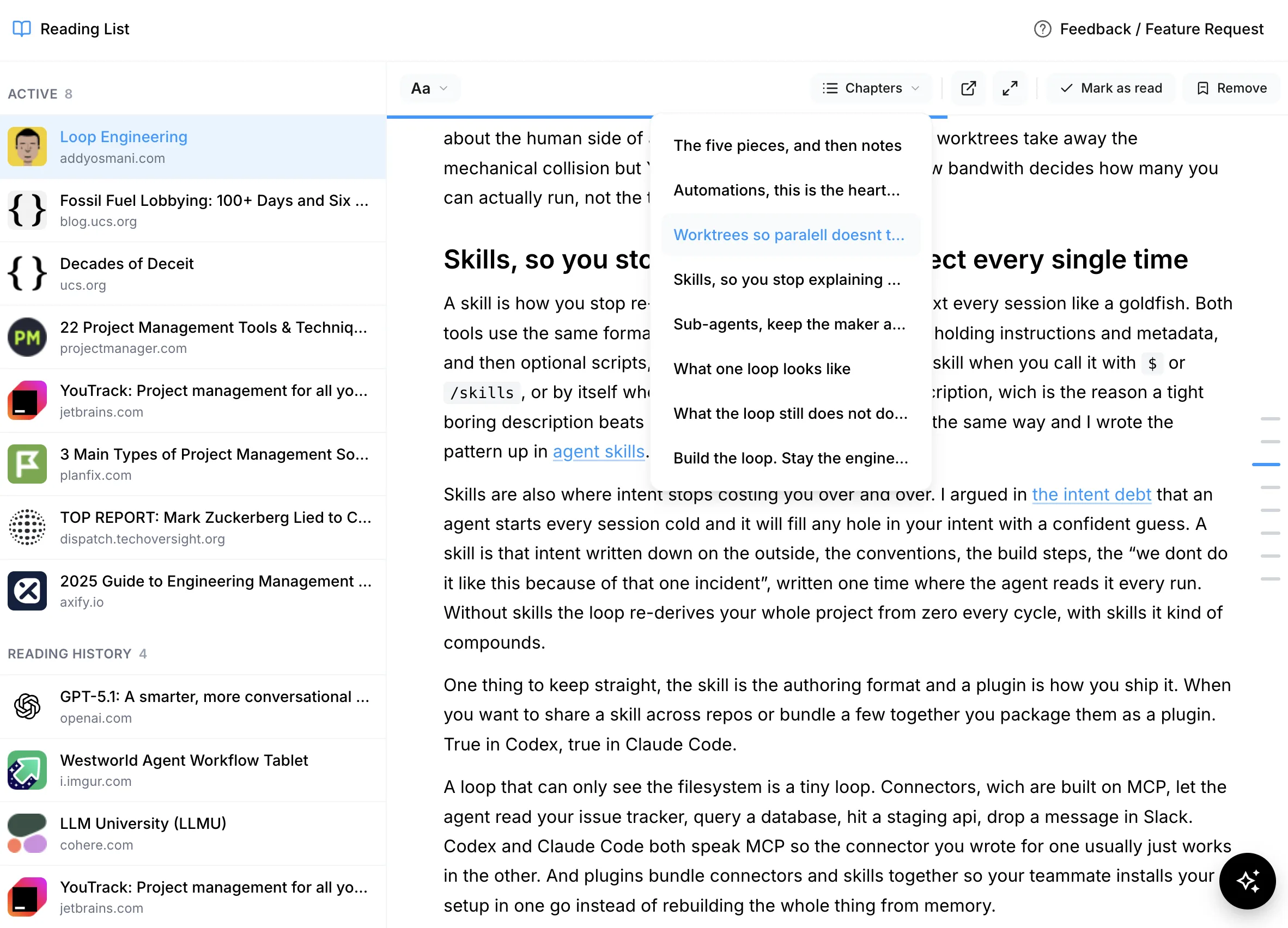 Shelfy read mode with automatically extracted chapters and quick navigation between article sections