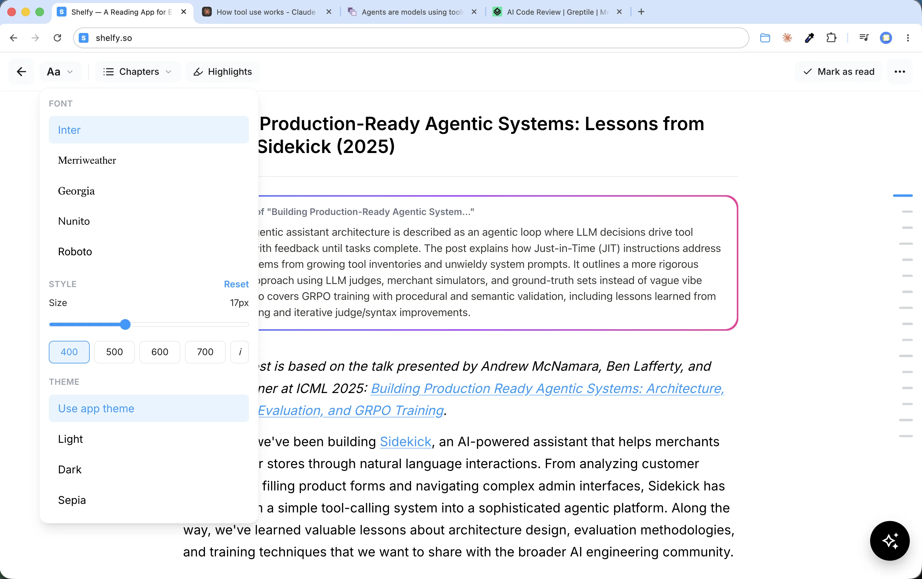 Shelfy reading format menu with font family, size, weight, and light, dark, and sepia themes